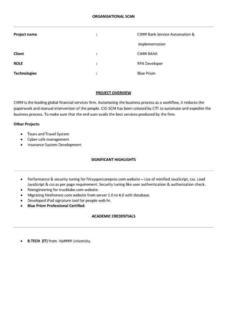 RPA Blueprism Sample Resume