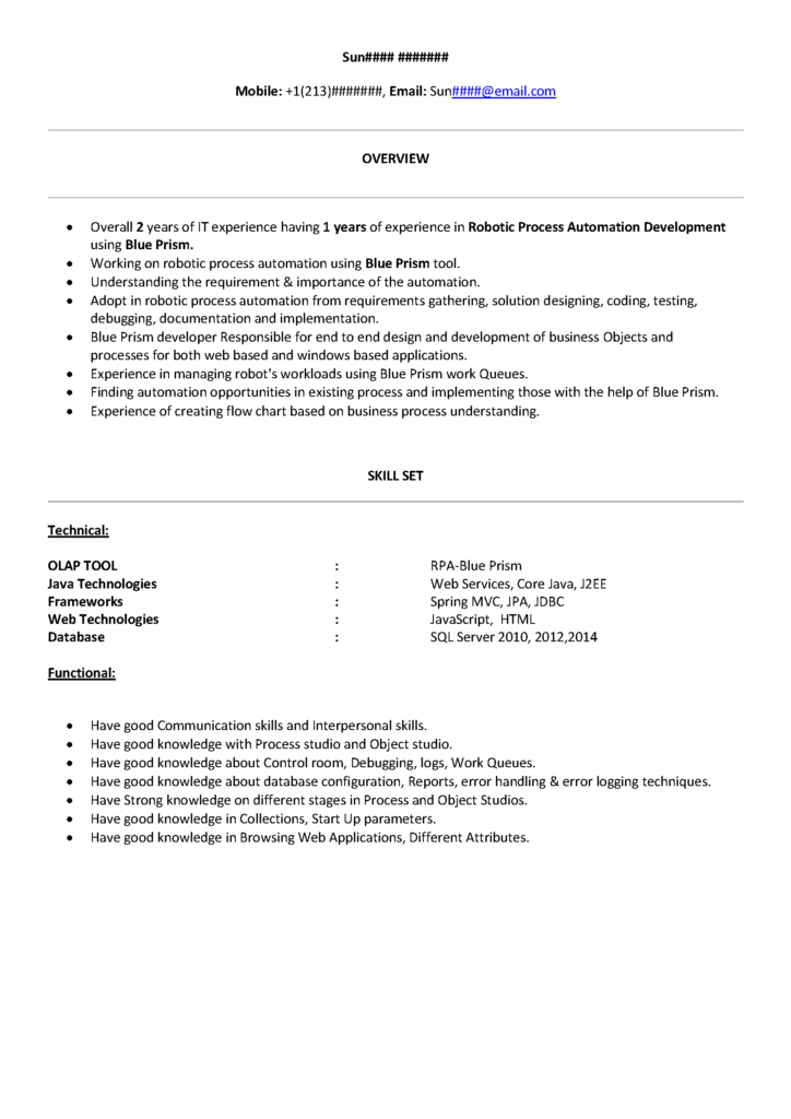 RPA Blueprism Sample Resume